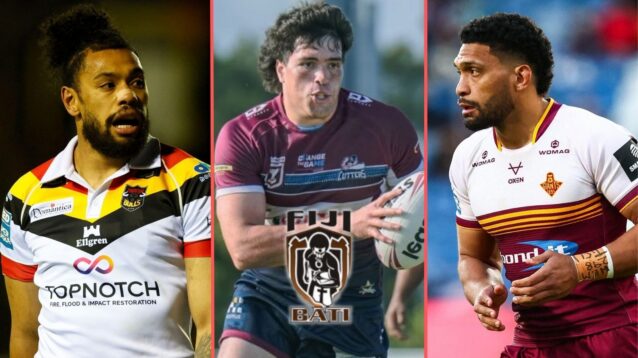 A three-panel image of Waqa Blake, Mitchell Prest and Taane Milne, with the Fiji Rugby League badge overlaid on Prest's sternum