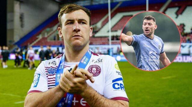 Harry Smith applauds Wigan Warriors supporters following a game in 2026, looking right towards an image of Leeds Rhinos' Jake Connor which has been overlaid in a circle