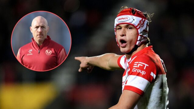St Helens' Harry Robertson pictured during a game in 2026, with an image of club icon James Roby overlaid in a circle to the left
