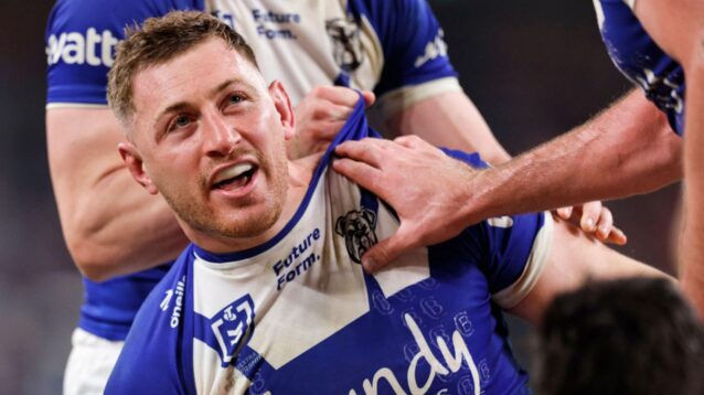 Max King celebrates a try for Canterbury Bulldogs in 2026