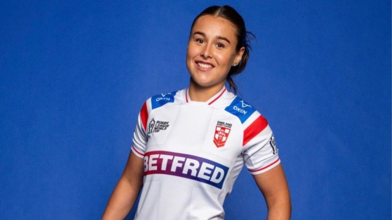 Jenna Foubister models England's 2026 Rugby League World Cup kit
