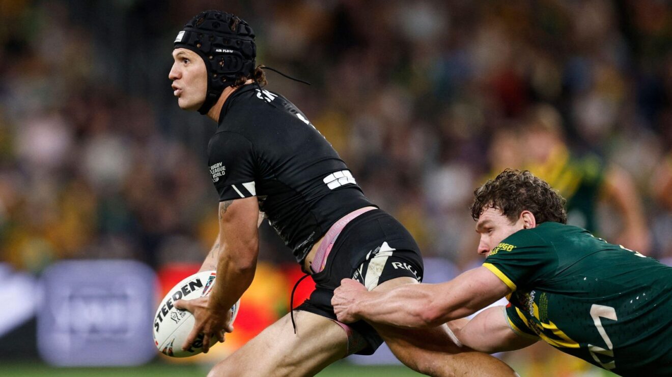 Kalyn Ponga in action for New Zealand during their 2026 Rugby League World Cup opening clash against Australia