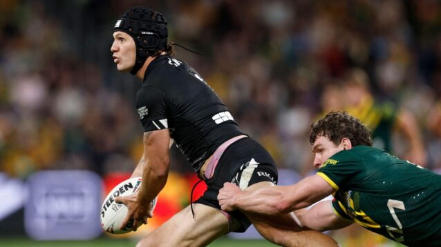 Kalyn Ponga in action for New Zealand during their 2026 Rugby League World Cup opening clash against Australia