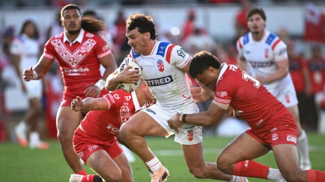 Herbie Farnworth in action for England during their group stage defeat to Tonga during the 2026 Rugby League World Cup