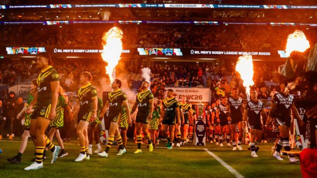 Australia and New Zealand walk out at a sold-out Allianz Stadium ahead of the opening game of the 2026 Rugby League World Cup
