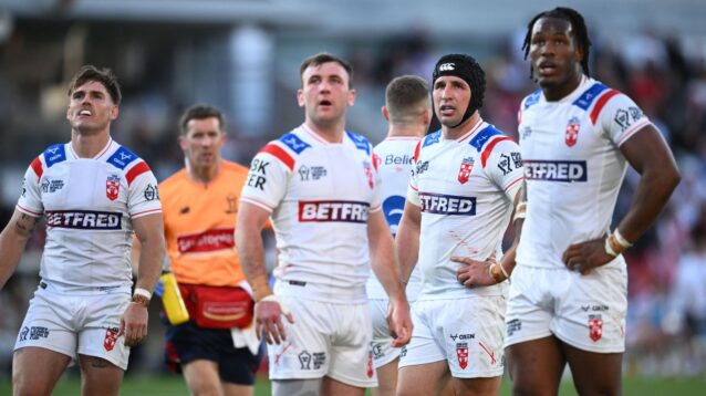 England players appear dejected after conceding a try during their group stage defeat to Tonga during the 2026 Rugby League World Cup