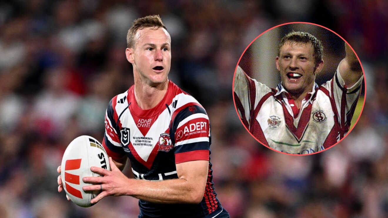 Daly Cherry-Evans in action for Sydney Roosters in 2026 with an image of Sean Long celebrating a St Helens win in 2002 overlaid in a circle to the right