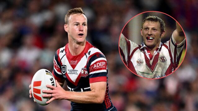 Daly Cherry-Evans in action for Sydney Roosters in 2026 with an image of Sean Long celebrating a St Helens win in 2002 overlaid in a circle to the right