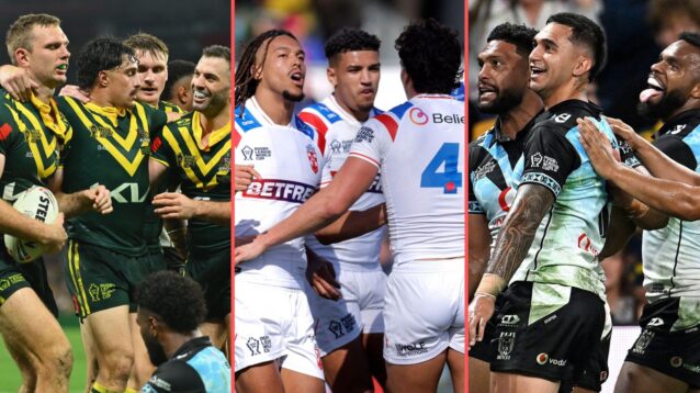 A three-panel image of Australia, England and Fiji celebrating tries during the second week of the 2026 Rugby League World Cup