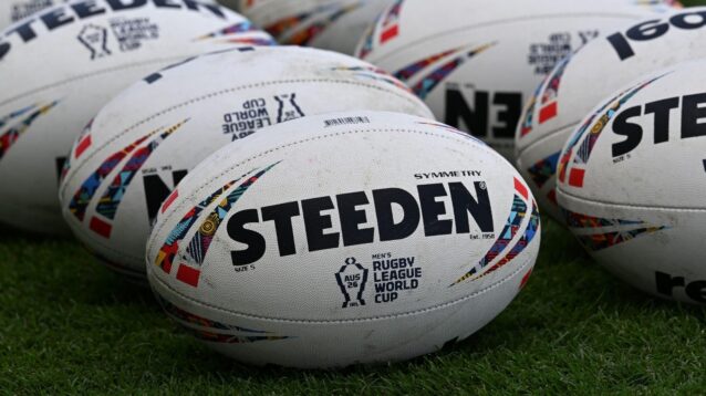 2026 Rugby League World Cup balls pictured ahead of a game during the tournament