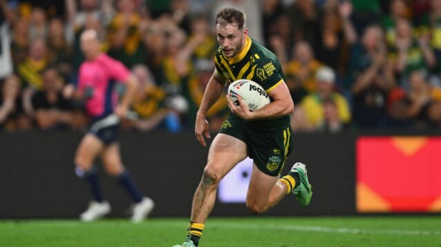 Sam Walker runs in to score a try for Australia on his international debut against Fiji during the 2026 Rugby League World Cup