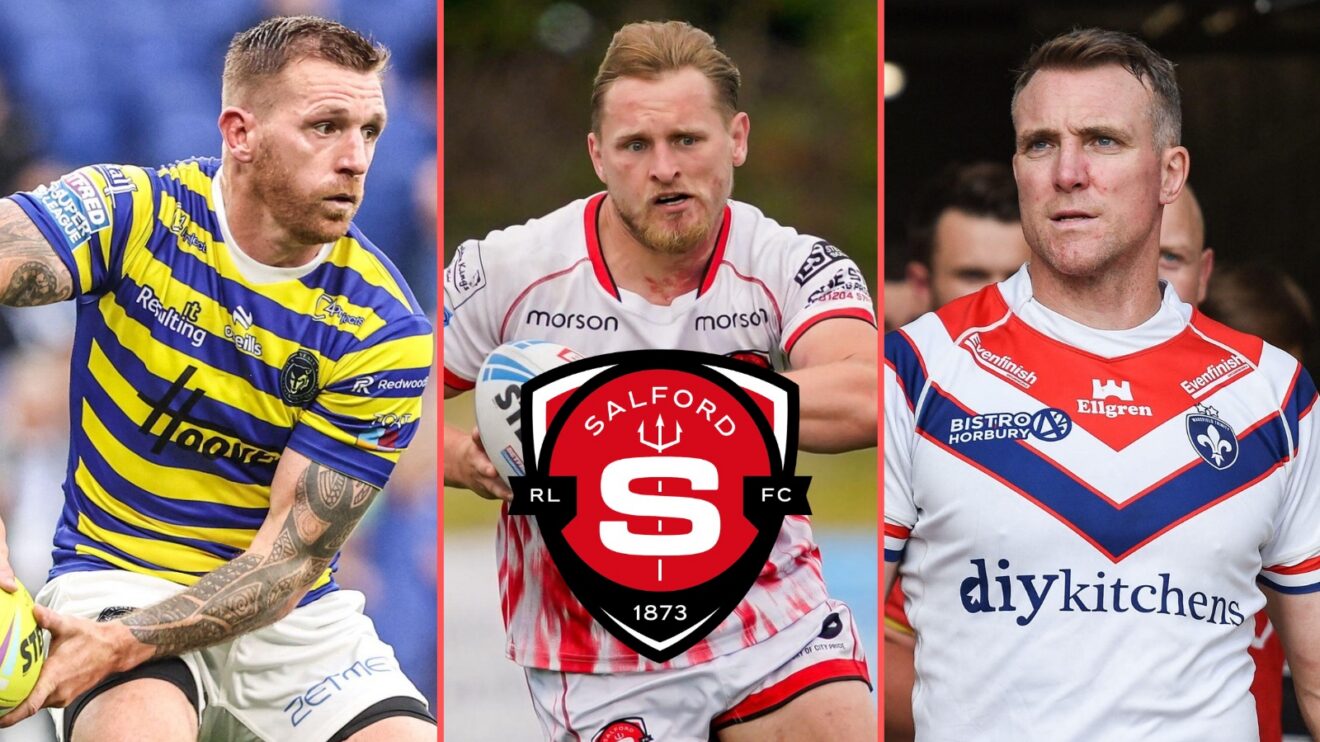 A three-panel image of Marc Sneyd, Brad Dwyer and Matty Ashurst with the Salford RLFC badge overlaid on Dwyer's sternum